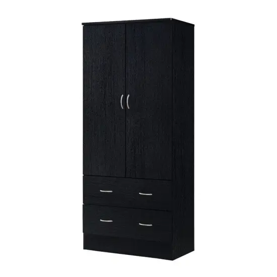 Tall Black Bedroom Wardrobe Armoire with Hanging Rod and Drawers 2 Door Clothes Storage Cabinet {1}