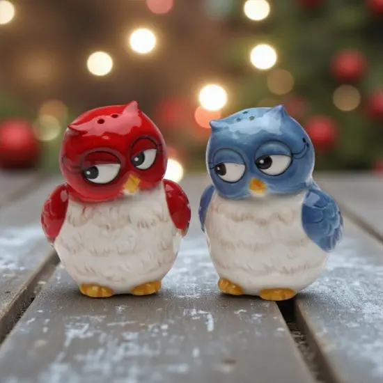 Ceramic Blue and Red Owl Salt and Pepper Shakers, Home D&eacute;cor, Gift for Her, Gift for Mom, Kitchen D&eacute;cor, Birdwatcher Gift {2}