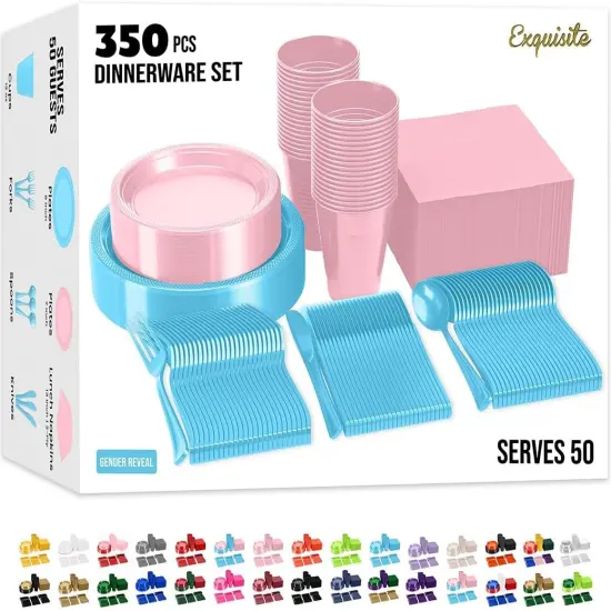 Exquisite 350 Pcs Plastic Plates for Party &ndash; Disposable Plates Set &ndash; 50 Each of 9" Dinner Plates, 7" Dessert Plates, Plastic Cups, Napkins & Plastic Cutlery &ndash; Plastic Dinnerware by Party Solids Blue & Pink {1}