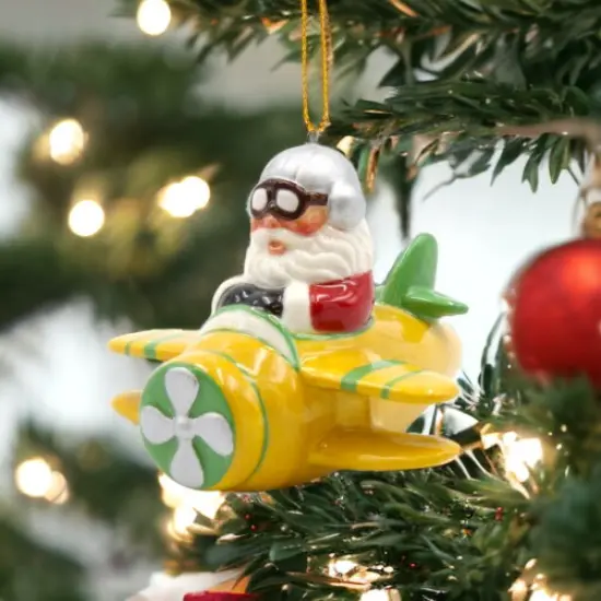 Ceramic Santa Ornament in Yellow Airplane, Home D&eacute;cor, Gift for Her, Gift for Mom, Kitchen D&eacute;cor, Christmas D&eacute;cor {1}