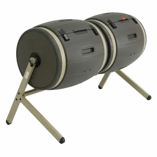 Grey-Brown Powder-Coated Steel 100 Gal Double Bin Rotating Composter {1}