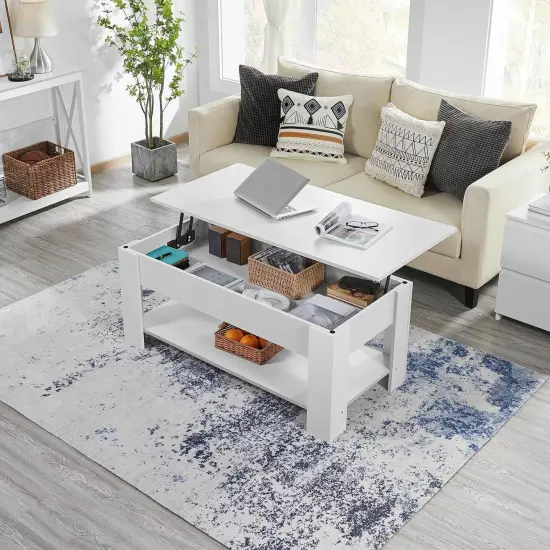 47.5" Modern White Wooden Lift Top Coffee Table with Hidden Storage and Shelf {4}