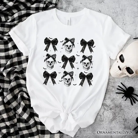 Coquette Skulls and Bows T-Shirt, Gothic Halloween Tee for Stylish Women {6}