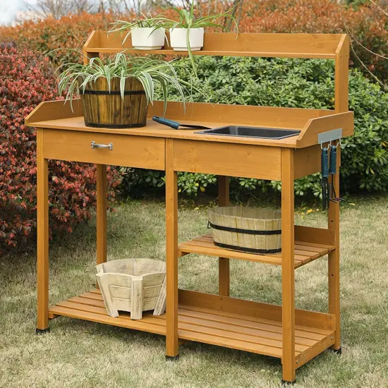 Garden Work Table with Sink Light Oak Wood Potting Bench Storage {2}
