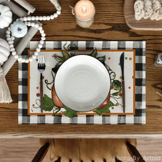 Set of 6 - Pumpkin Buffalo Plaid Fall Placemats,12x18 Inch Seasonal Autumn Table Mats {2}