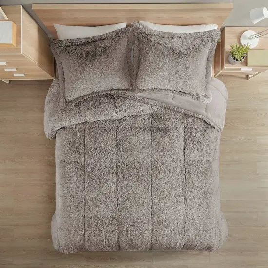 Grey Soft Sherpa Faux Fur 3-Piece Comforter Set with Pillow Shams {2}