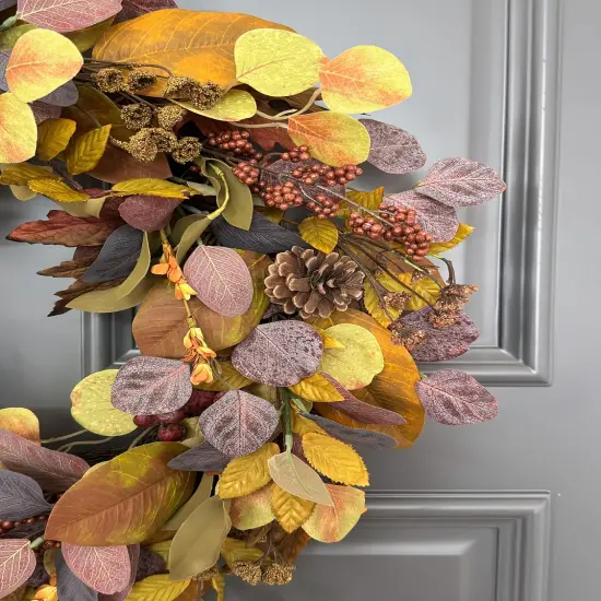 24" Fall Wreath for Front Door, Handmade with Artificial Eucalyptus Leaves, Magnolia Leaves, Maple Leaves, Berries, Natural Pine Cones, Fall Decor for Home Farmhouse Door Wall Window {4}