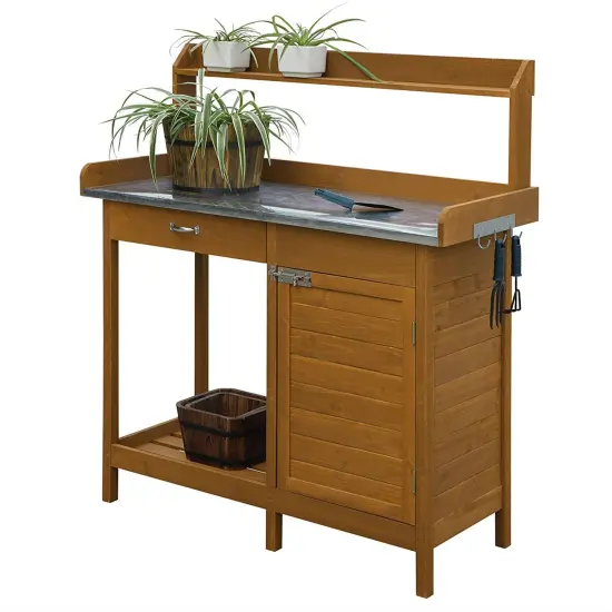 Outdoor Potting Bench with Metal Table and Storage Cabinet {1}