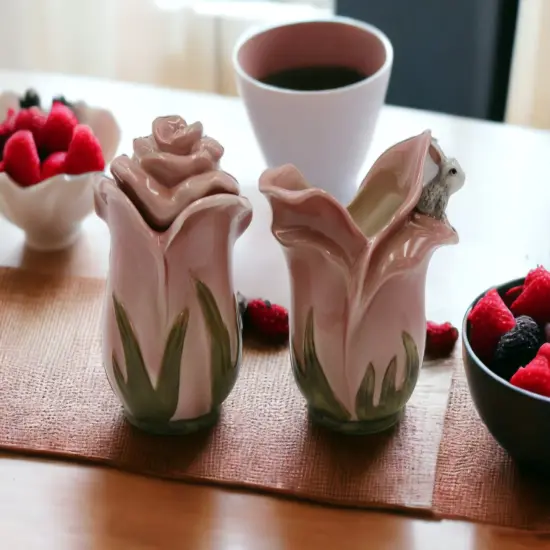 Ceramic Pink Rose Flowers with Bunny Rabbit Sugar and Creamer Set, Home D&eacute;cor, Gift for Her, Kitchen D&eacute;cor, Spring D&eacute;cor, Easter D&eacute;cor {2}