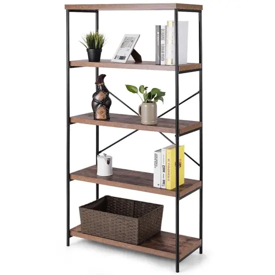 5 Tier Metal and Wood Shelf Bookcase with Black Iron Frame and Rustic Panels for Home Office Storage {5}