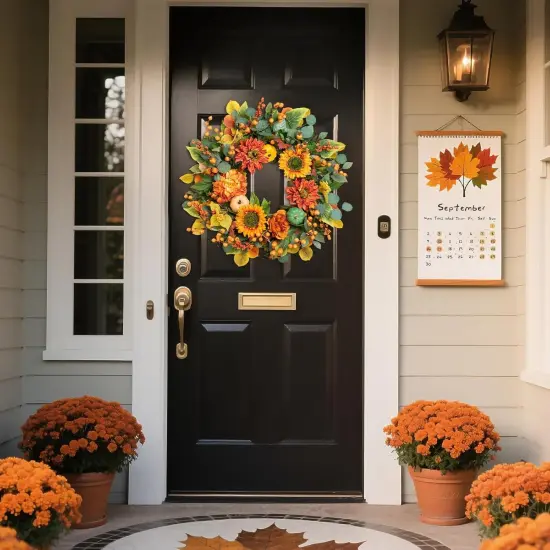 24 Inch Fall Autumn Wreath with Sunflowers {2}