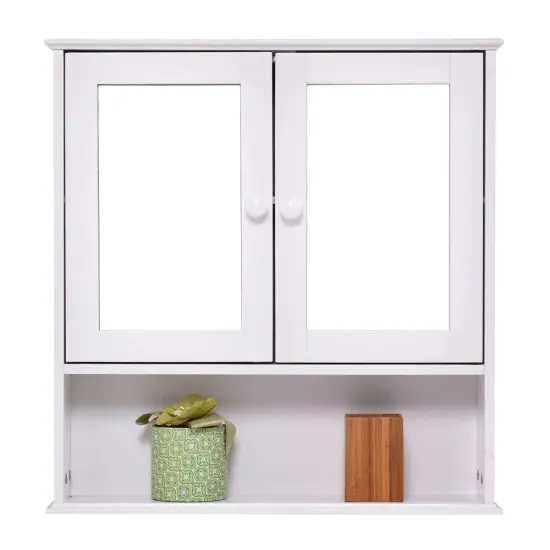 White MDF Wall-Mounted Bathroom Cabinet with Mirror Doors and Shelf {2}