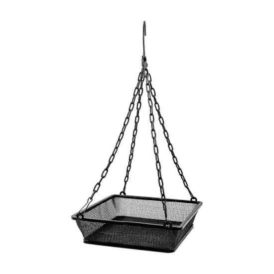 Black Iron Mesh Weatherproof Hanging Bird Feeder Tray with Chain and Perch {1}