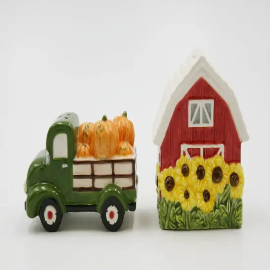 Ceramic Sunflower Barn and Red Pickup Truck With Pumpkins Salt and Pepper Shakers, Gift for Her or Mom, Fall Décor, Farmhouse Decor {4}