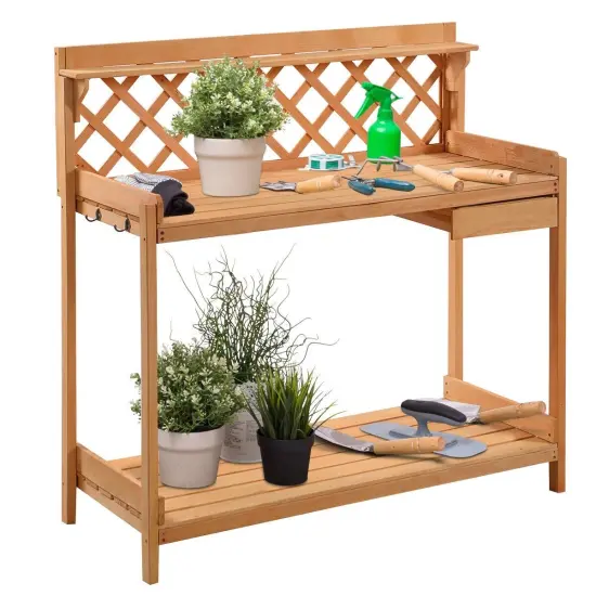 Outdoor Wooden Potting Bench with Storage Drawer for Garden Tools {1}
