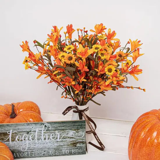 12 PCs Artificial Fall Flowers - 17 inches - Orange {3}