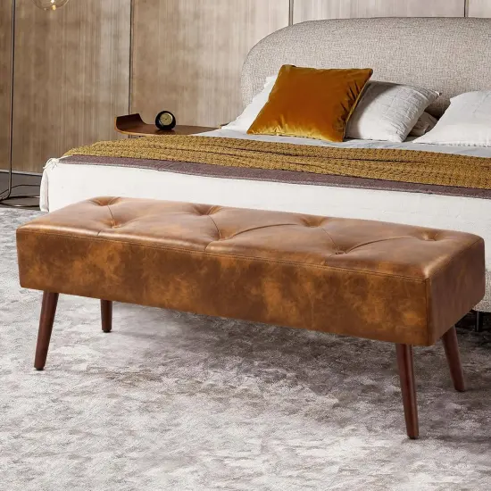 Leather Tufted Bed Bench with Metal Finish and Wood Legs Brown {2}