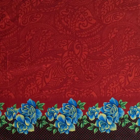 1 Yard Polynesian Tattoo Rose Polka Dot Border Peachskin Fabric 45 Inch Width Red {1}