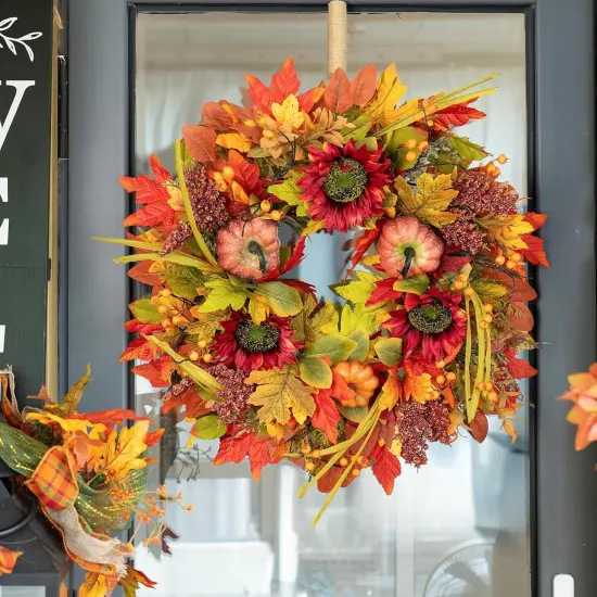24 Inch Artificial Fall Autumn Maple Leaves Wreath {4}