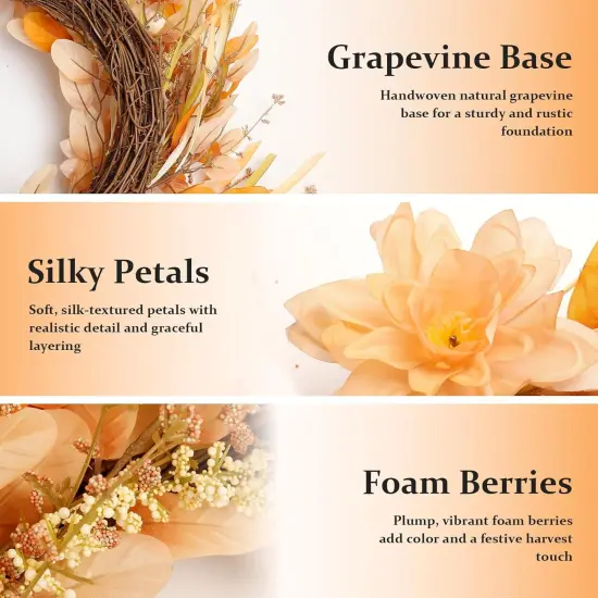 24 Inch Artificial Fall Autumn Wreath with Lotus Flowers {2}