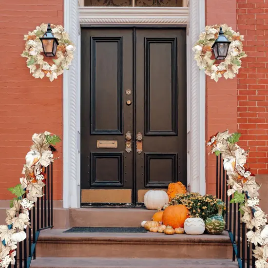 (2 PCS) -Fall Maple Leaf Garland with White Pumpkins Clusters {3}