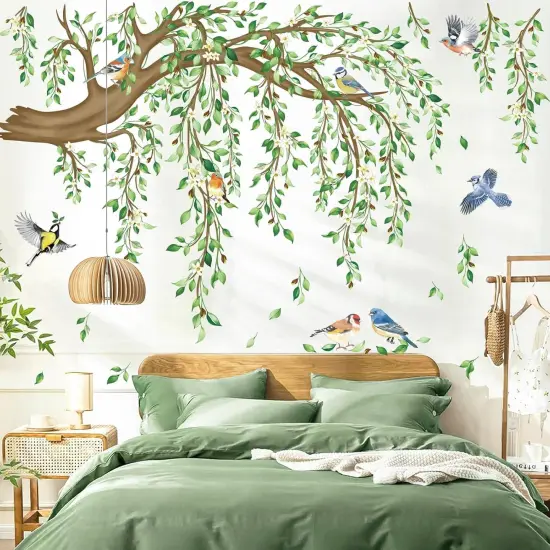 Large Hanging Vine Wall Decals Tree Branch Green Leaf Flower Birds {1}