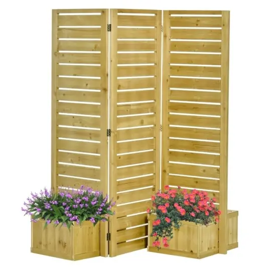 Brown Fir Wood 3-Panel Privacy Screen with 4 Built-in Planters {2}