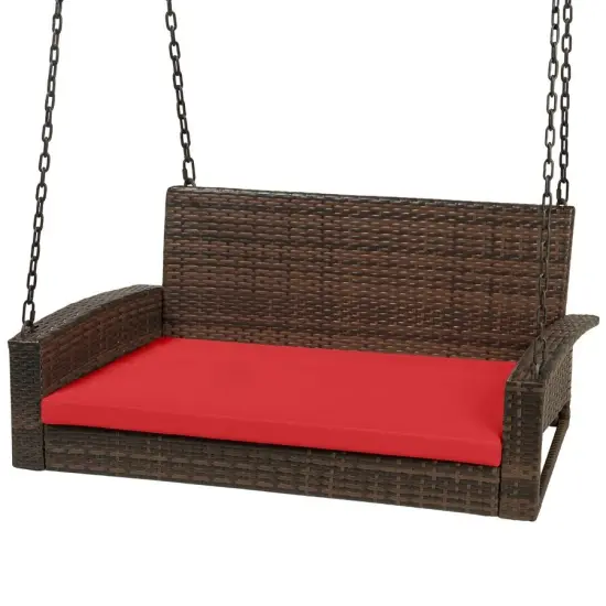 Brown Wicker Hanging Patio Porch Swing Bench with Red Cushion {2}