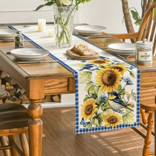 Buffalo Plaid Bird Butterfly Sunflower Spring Table Runner, 13x72 Inch {4}