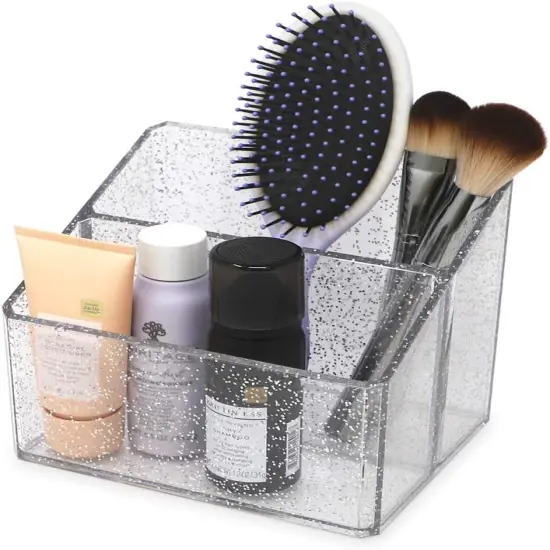 Clear Acrylic 2-Section Organizer, Remote Holder & Multi-Functional Makeup, Brush, Pen & Pencil Storage Solution, for The Home, Bathroom, Office, Child&rsquo;s Desk (2-Section, Silver Glitter) {3}