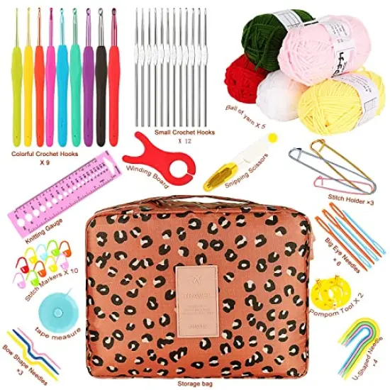 Crochet Kit Beginners Crochet Hook Set with Crochet Yarn, 58PCS Portable Crochet Set with Ergonomic Crochet Hooks, Small Crochet Hooks, Travel Crochet Hook Case Full Knitting Crochet Supplies {1}
