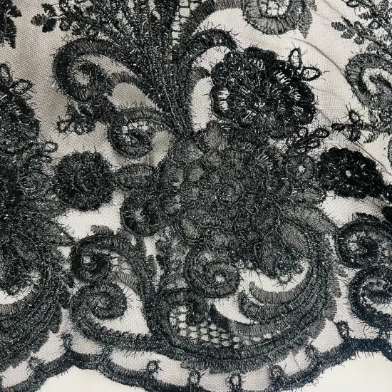 1 Yard Beaded & Corded Bridal Lace Fabric Embroidered on 100% Polyester Net Mesh 56" Wide Black {4}
