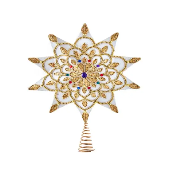 White and Gold Jeweled Star Treetop - 16 Inch {2}