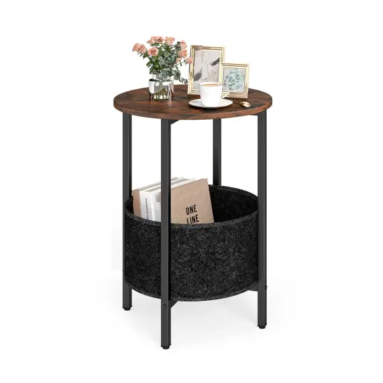 Round End Table 2-Tier Side Table with Removable Fabric Basket and Metal Frame-Rustic Brown {4}