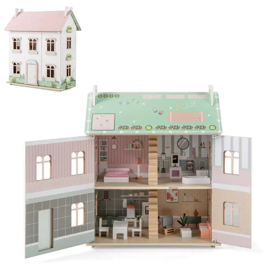 Kids Wooden Dollhouse 3 Level with Double-Sided Roofs and Doors-Pink {1}