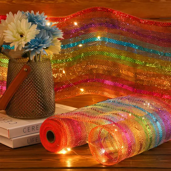 Christmas Deco Mesh Wreath Supplies Deco Mesh 10 Inch Ribbon Poly Mesh Ribbon Colorful Metallic Mesh Ribbon for Christmas Tree Party Wedding Garland,10 Inch x 30 Feet (2 Rolls) {5}