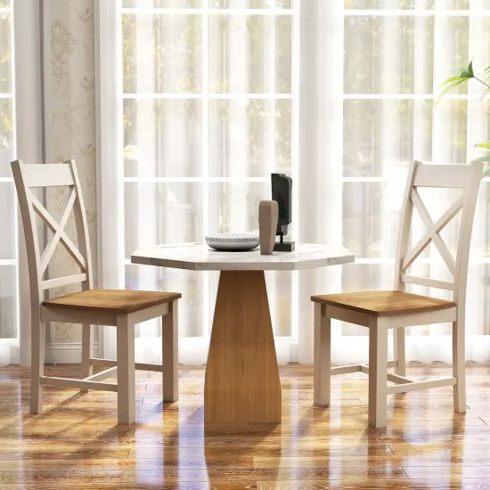 Wooden Dining Chairs Set of 2 with High Back and Rubber Wood Frame-Natural {2}