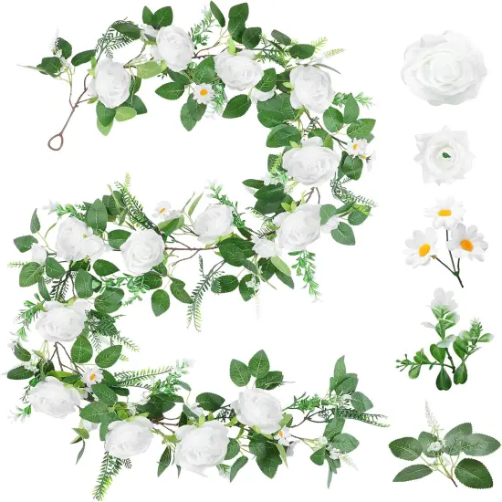 Full Pretty White Rose Garland, 6.2FT Artificial Floral Vines Spring White Flower Garland for Wedding Arch Table Centerpiece Decor Home Backdrop Wall Valentines Decoration {1}