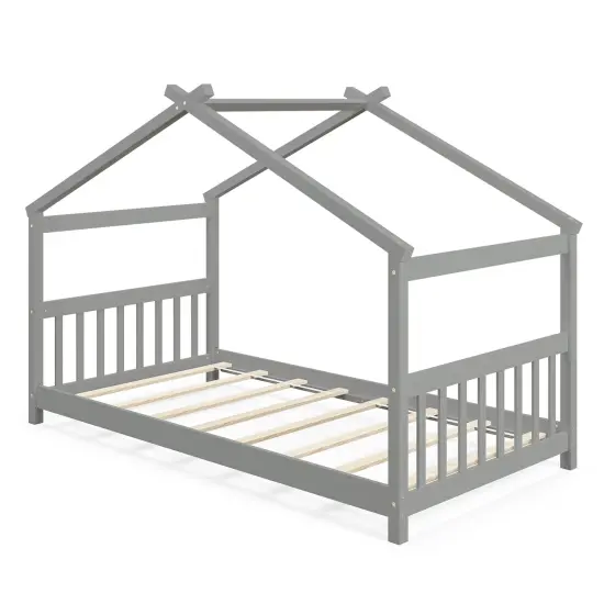 Wooden Twin Size House Bed with Roof Frame for Kids Bedroom Grey {1}