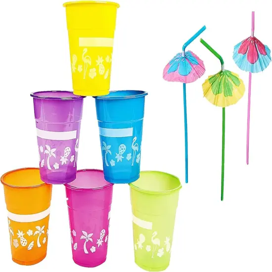 4E's Novelty 48 Pack Tropical Party Cups with Parasol Straws for Hawaiian Party Decor, Luau, Pool & Birthday Celebrations {2}