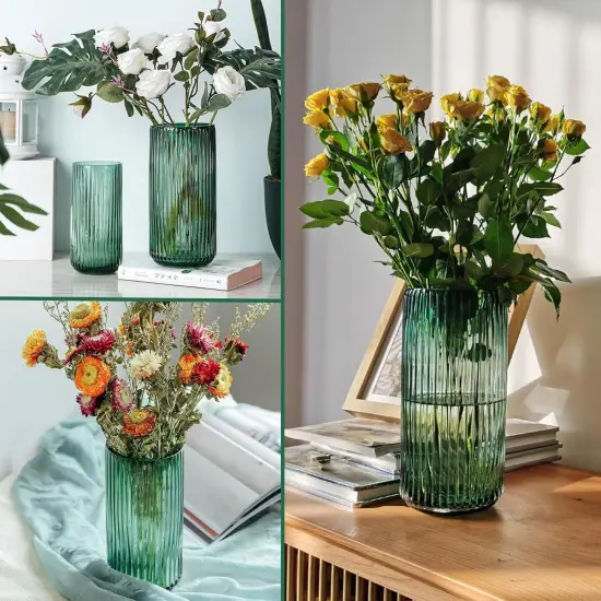 Flower Vase 7.6 Inch Green Thickened Glass Vase for Lego Flowers,Bookshelf,Dinner Table,Office Desktop,Meeting Room,Bathroom,Countertop,Home Christmas Day Decoration {5}