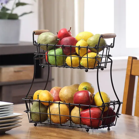2-Tier Rectangle Countertop Fruit, Bread Wire Basket (Metal + Wood base) {2}