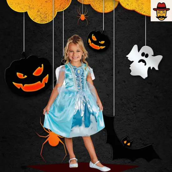 Girls Cinderella Sparkle Costume Blue Satin Dress with Sheer Sleeves {2}