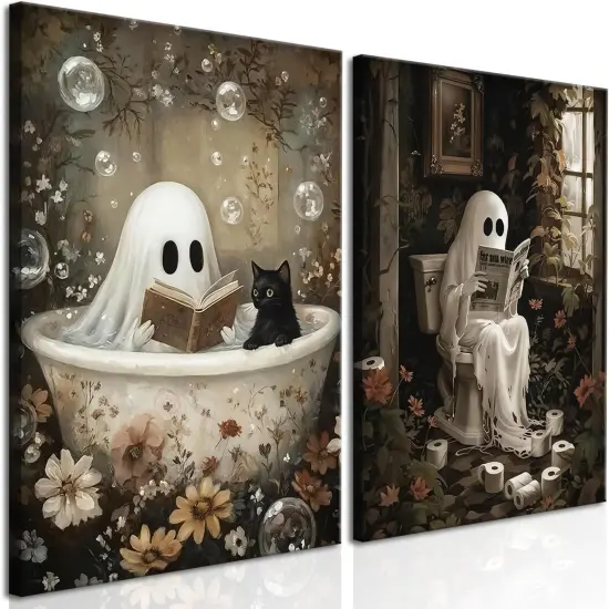 Set of 2 Halloween Ghost Bathroom Wall Art - 12x16 Inch (Framed) {1}