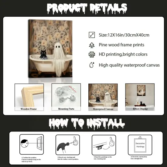 Halloween Ghost Bathroom Canvas Wall Art - 12x16 Inch Framed {5}