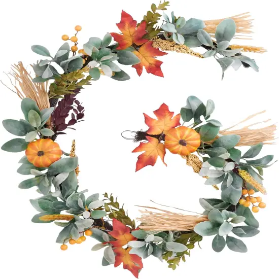 5ft Silk Lambs Ear Pumpkins Garland with Lights ,Fall Leaves Garlands for Mantle {1}