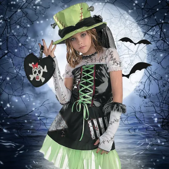 Girls Monster Bride Costume with Dress Hat Bolts and Petticoat {4}