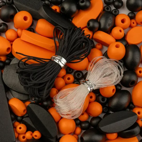 John Bead Craft Wood Beads with Elastic Nylon Cord, 90g Black and Orange {1}