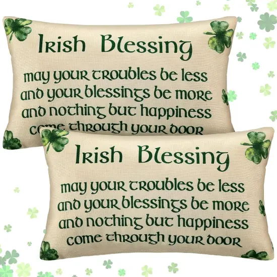 2 Pcs St. Patrick's Day Irish Blessing Pillow Covers Green Clover Quote Decorative Throw Pillow Cover Case Linen {1}