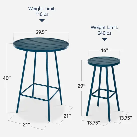 Best Choice Products 3-Piece Steel Patio Bar Height Round Bistro Set w/ Backless Stools, Slatted Design Peacock Blue {2}